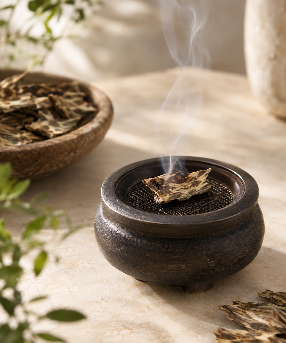 Heating agarwood on a traditional burner to unlock rich, fragrant resin smoke