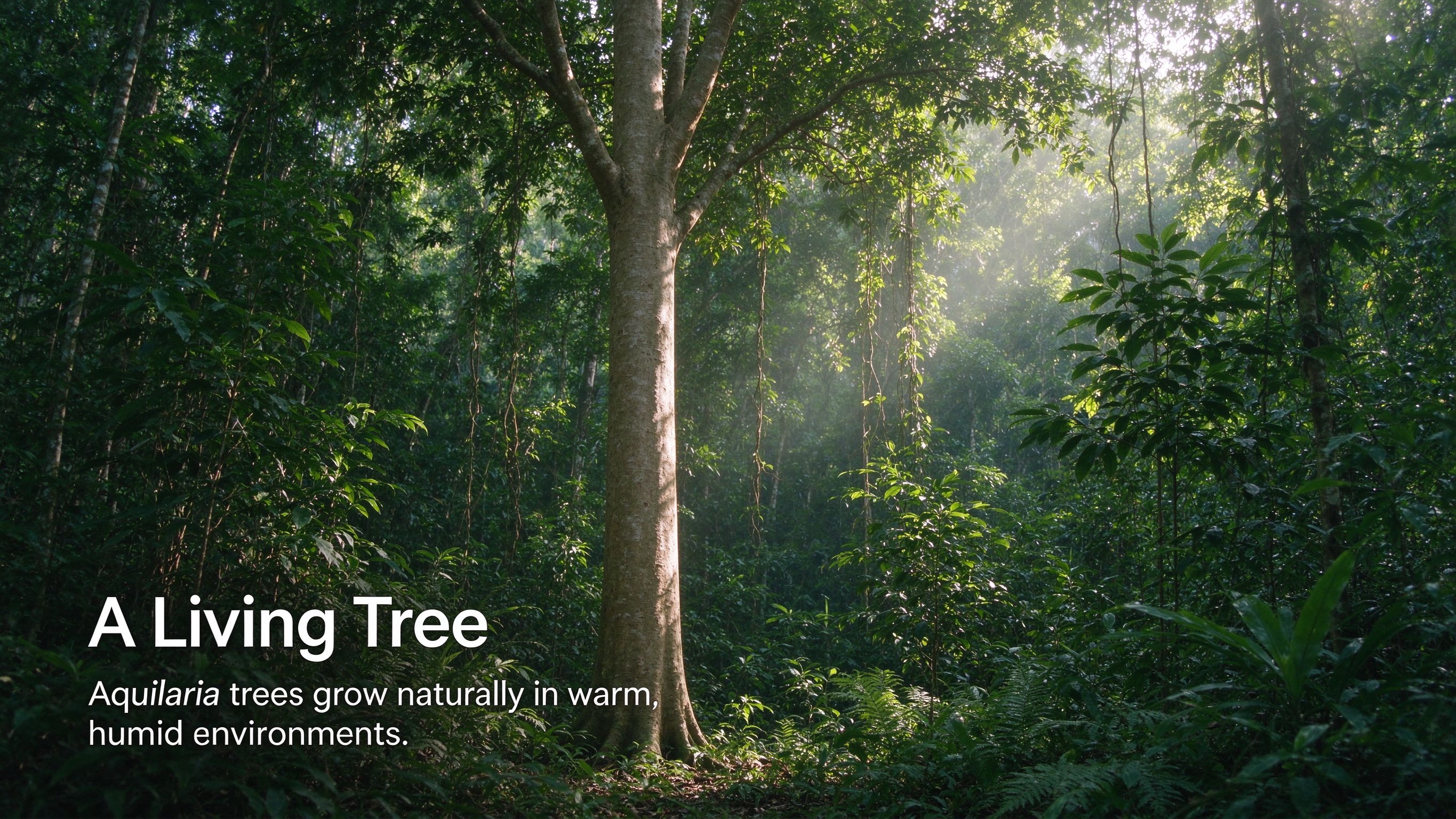 A living Aquilaria tree growing in a humid forest environment