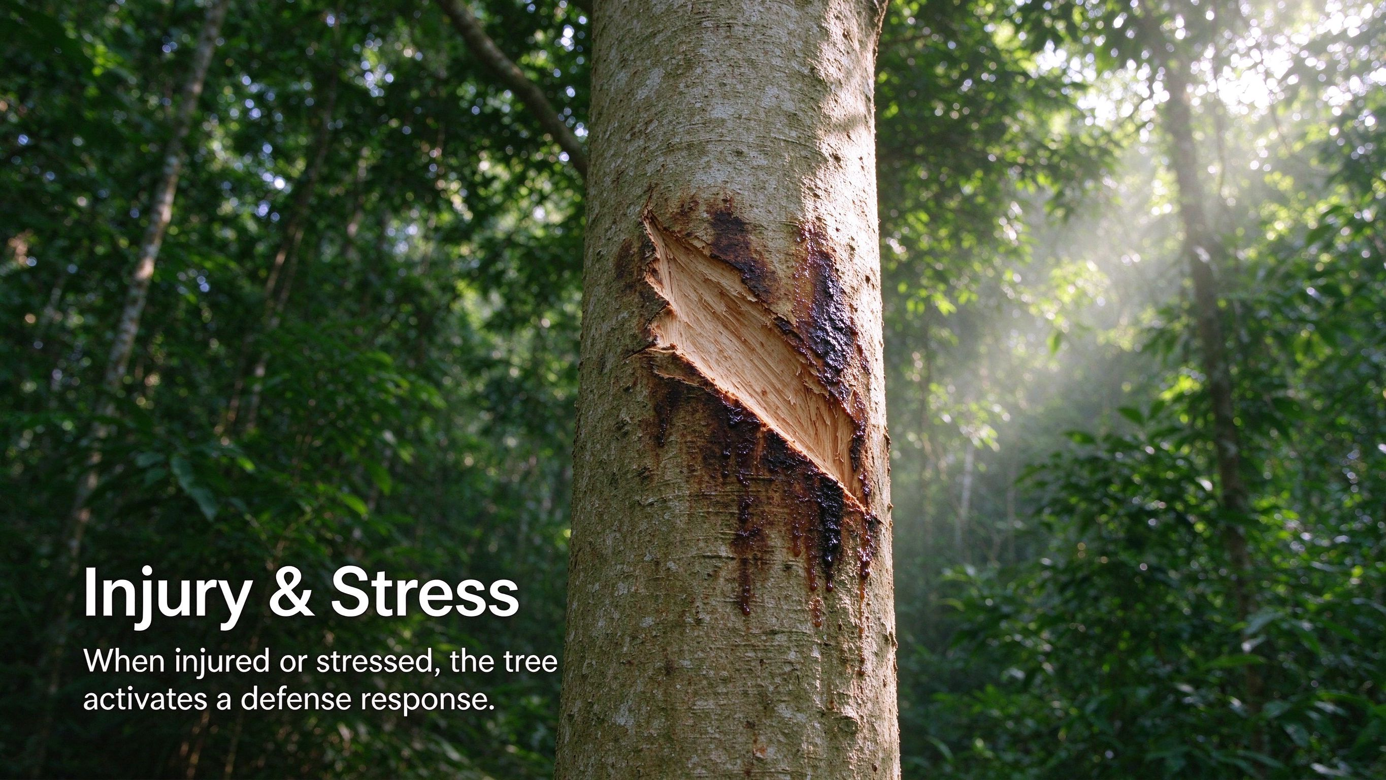 A wound on the trunk of an Aquilaria tree triggering a natural defense response