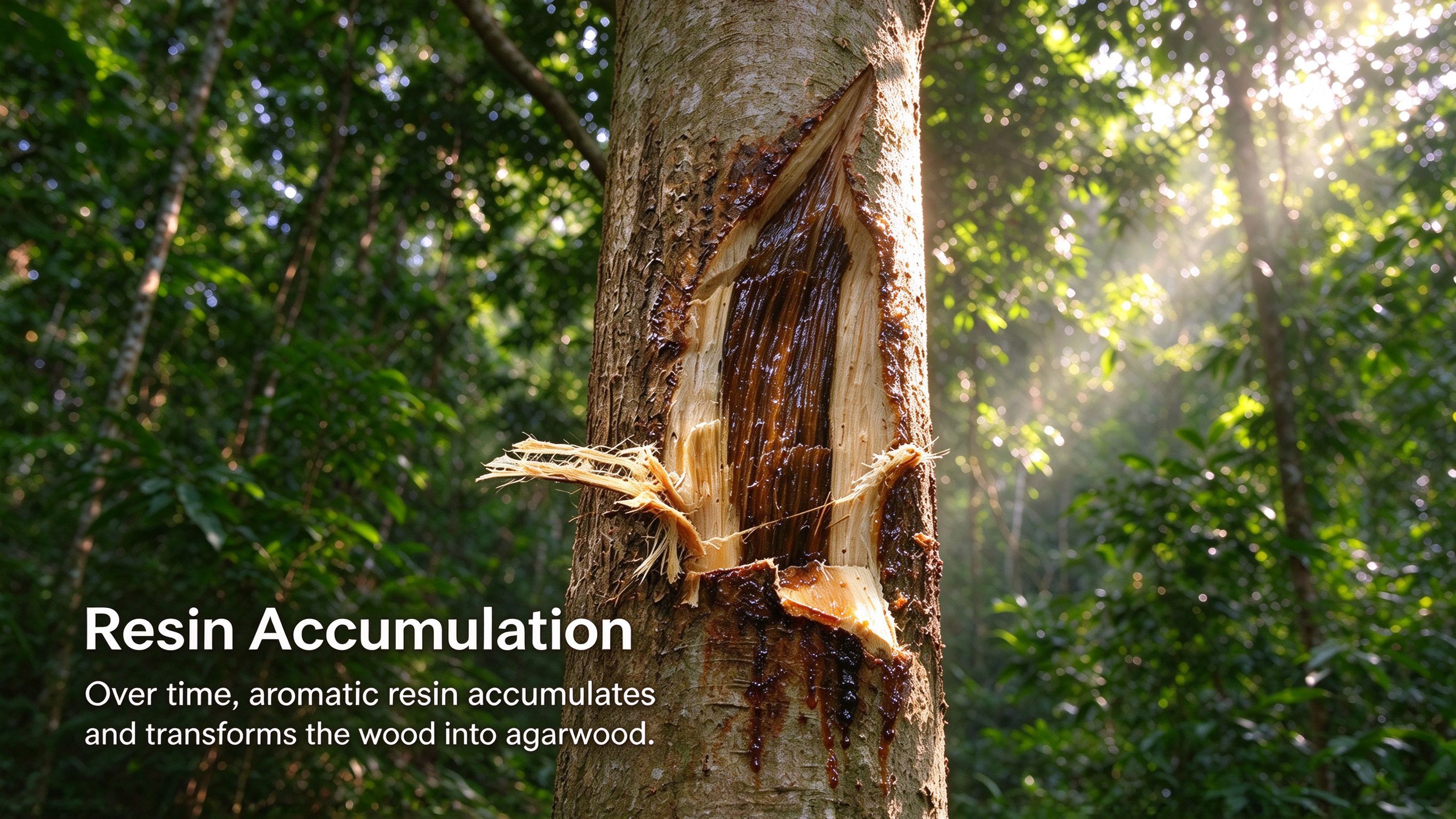 Dark aromatic resin accumulating inside the affected wood of the tree