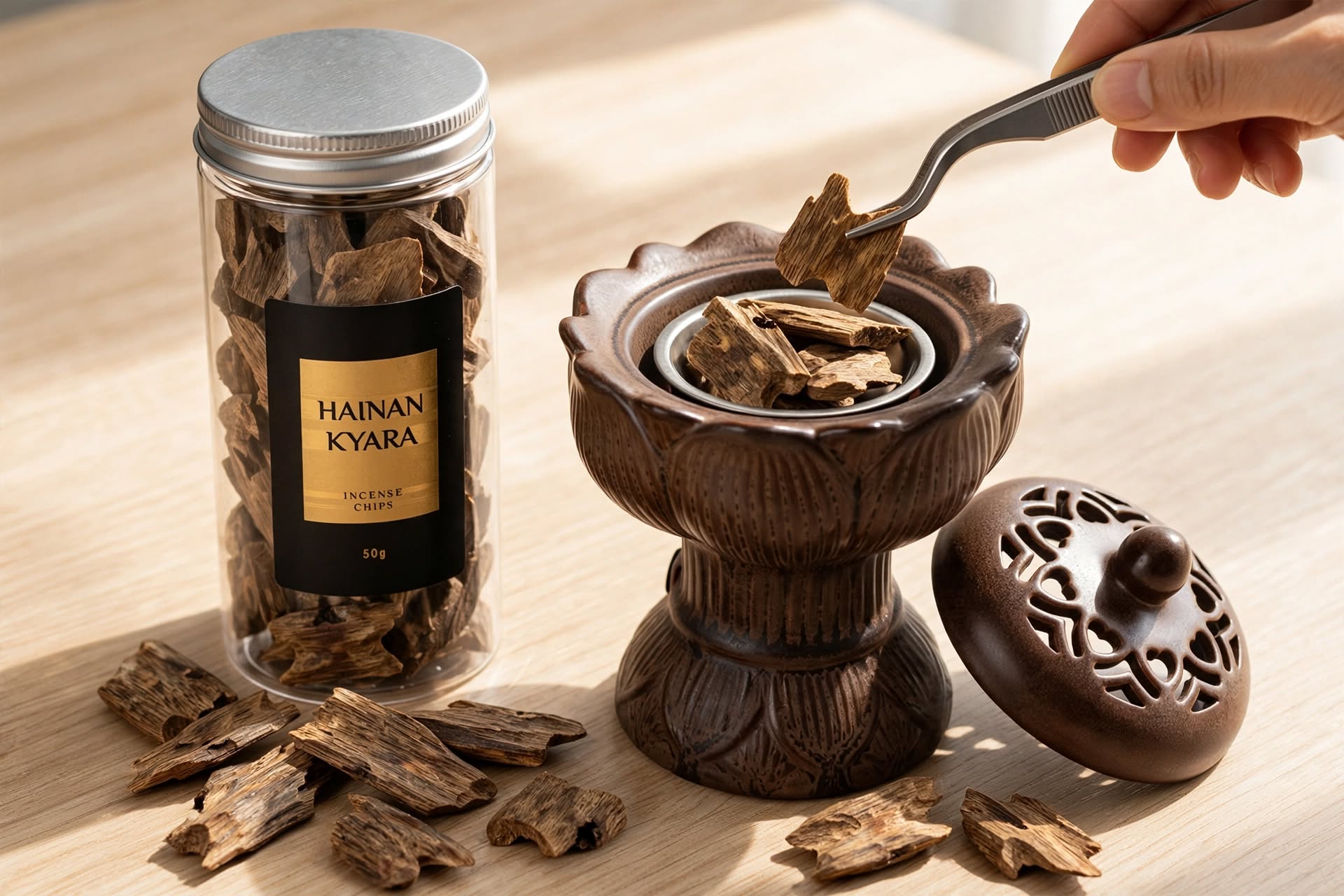 Natural raw agarwood chips showing rich resin content and authentic grain
