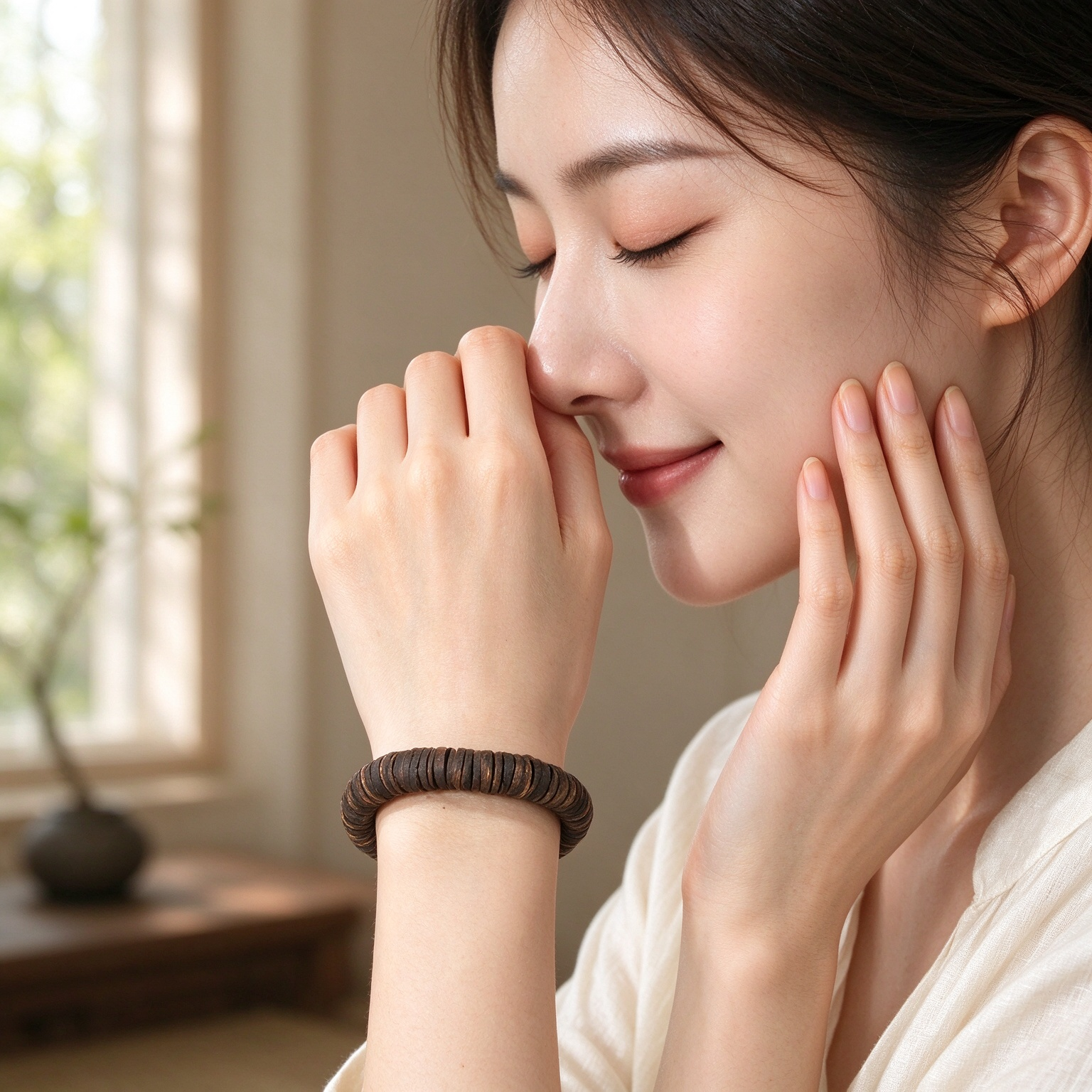Natural agarwood bead bracelet worn on wrist showcasing distinct wood grain